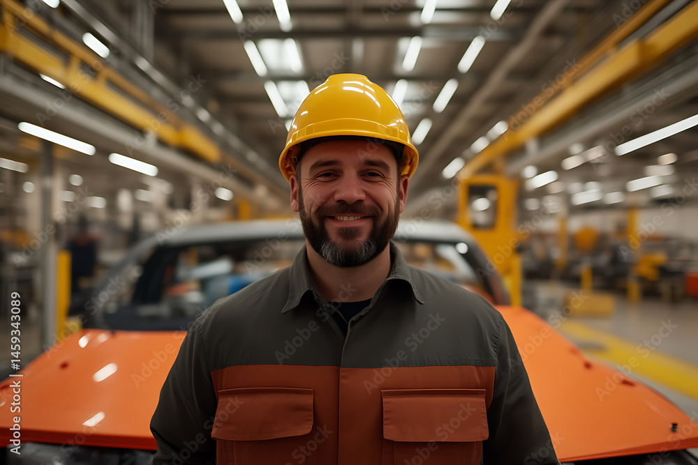 Aufkleber factory worker smiling. happy engineer in a factory working area. proudly working and happy.