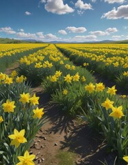Obraz premium Lush green pasture awash in bright yellow daffodils, brilliant blue sky above , blue, wildflowers
