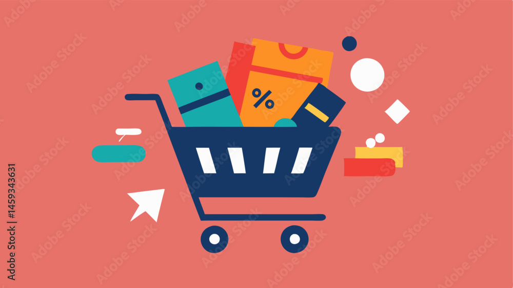 Poster shopping cart overflow an online shopping cart icon fills up with various items like clothing and ga