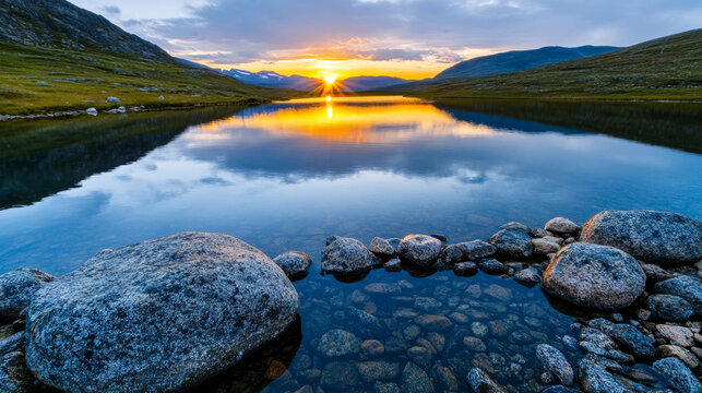 Sunrise paints the serene Norwegian fjord golden, reflecting tranquility and celebration of Vintersolverv amidst rugged stone whispers