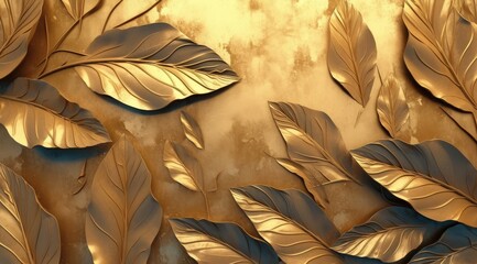 3D Wallpaper with Detailed Golden Leaves on a Gold Background