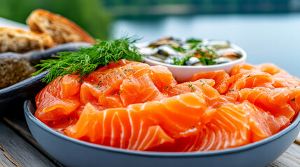 Succulent salmon sashimi adorned with dill whispers Nordic Midsummer feast by the lake, celebrating seafood's eloquent simplicity, Hygge