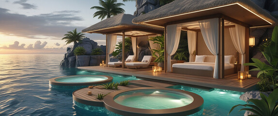 Obraz na płótnie Canvas Luxurious overwater resort with spa area and relaxing bungalows on a tropical island with a stunning sunset view