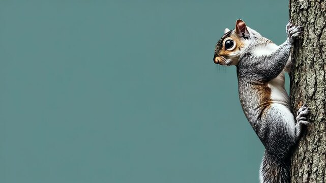 A squirrel clings to a tree trunk against a muted teal backdrop.  Its fur shows a blend of gray, brown, and white