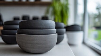 Stacked ceramic bowls whisper minimalist zen, perfect for Ikebana celebrations or hygge-inspired gatherings, serene grey gradient allure