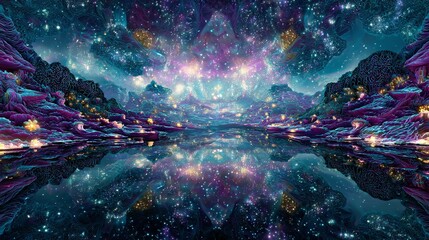 Abstract landscape with water reflection showing a colorful night sky and mountains.