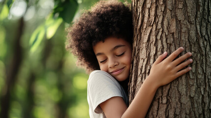 Ethereal joy of young Black girl embracing tree whispers Earth Day magic and Arbor Day whispers, pure nature affection