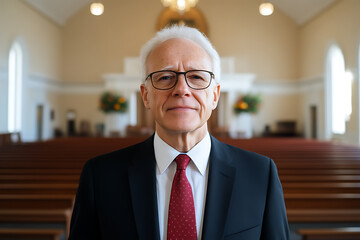 Naklejka premium Portrait of a distinguished man in a suit with a tie, standing in a church. The background is blurred with wooden pews.