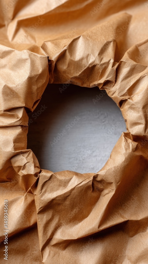 Poster close-up of crumpled brown wrapping paper with a central hole revealing a light gray background and 
