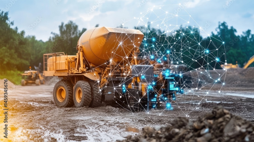 Poster fully automated concrete mixer connected to iot system on mobile construction vehicle