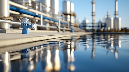 Fototapeta premium Chemical zone near river with reflections, streamlined towers and flares with no smoke, simple flat yard leading into soft background, no people or vehicles