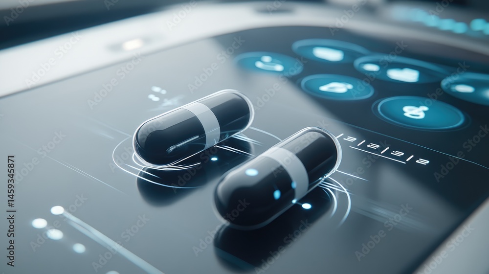 Poster futuristic capsules positioned on a glass panel displaying ai-powered health diagnostics data