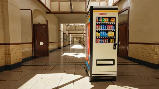Vending Machine in Long Hallway with Doors