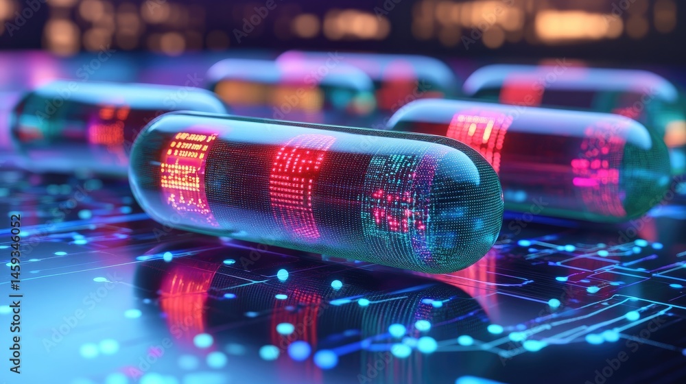 Aufkleber futuristic capsule blisters with scannable codes and virtual dosage analytics in digital layers
