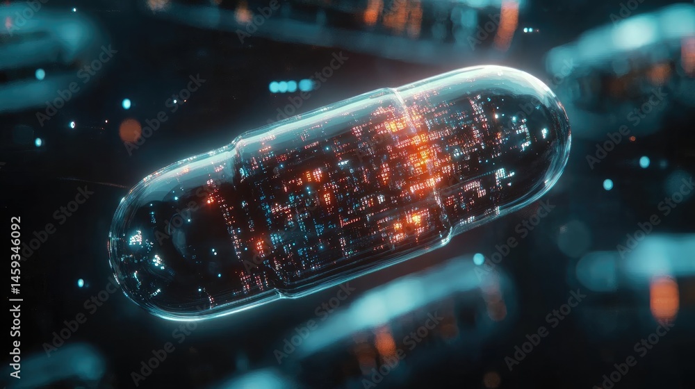 Aufkleber futuristic capsule blisters with scannable codes and virtual dosage analytics in digital layers