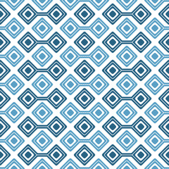 Abstract motif with small blue geometric shapes repeated on a white background. Modern and simple style. Seamless repeating pattern. Vector illustration.