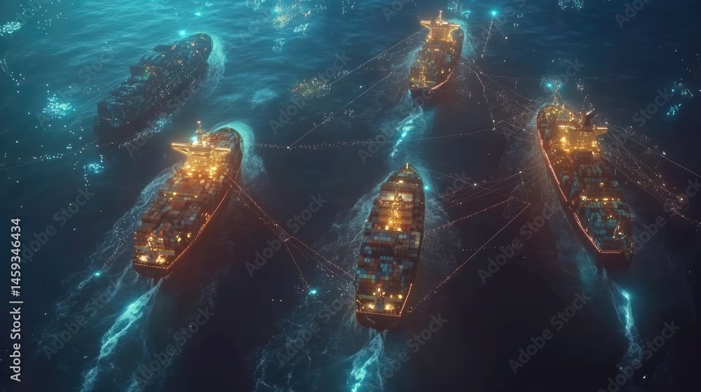 Poster global logistics network concept with interconnected container ships and satellite links