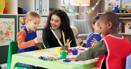 Education, kids and painting with teacher for art, creative talent and motor skill development in...
