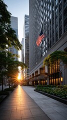 Fototapeta premium Sunrise cityscape with American flag urban street scene business district early morning light buildings trees pavement sidewalk