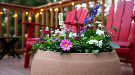 colorful flowers in a round beige planter on a deck with red chairs and string lights