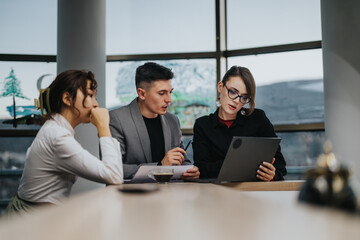 A diverse group of business professionals engaged in a team meeting, discussing strategies and...