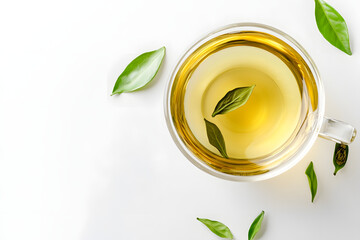 Close-Up - Freshly brewed green tea served in a traditional cup with a floating leaf