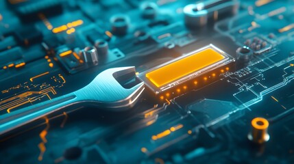Close-up view of a metallic wrench on a circuit board.