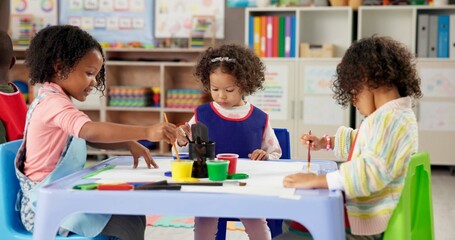 Learning, kids and girls in painting class for art, creative talent and skill development in...