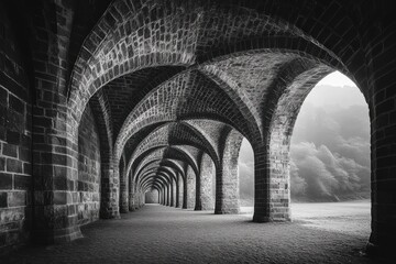 Obraz premium Repeating stone arches leading toward fog