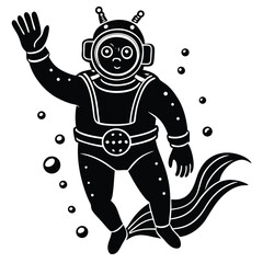 Scuba diving vector silhouette illustration Diver waving underwater