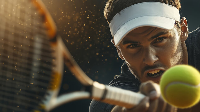 action shot Caucasian young tennis player with white hat hitting ball with racket during match