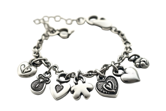 Silver Charm Bracelet with Hearts and Clover Detail