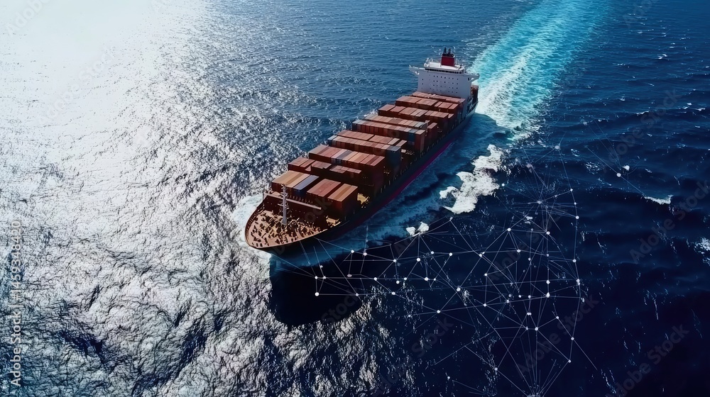Poster high-tech tracking system concept shown with container ship and satellite data overlay