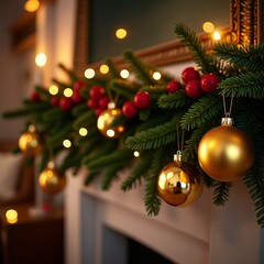 A festive garland adorned with gold ornaments, red berries, and string lights