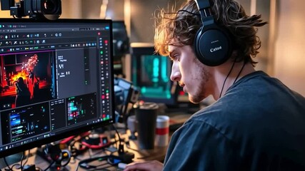 A young designer immersed in digital art creation. Using advanced software to enhance visuals and designs. Perfect for showcasing digital creativity and technology. Generative AI