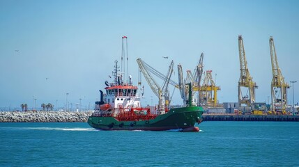 Industrial ocean transport ship flanked by coastal cranes and port walls