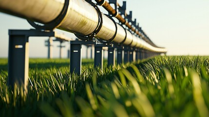 Chemical plant in a coastal green zone, with clean pipelines elevated across eco-friendly fields, large open ground left of frame for compositional balance, misty daylight