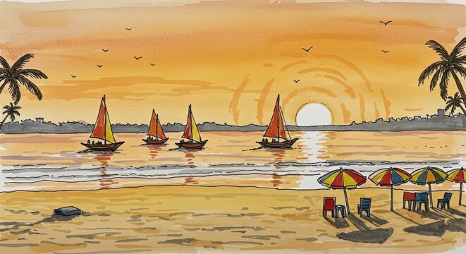 Fortaleza Beach Sunset with Jangadas and Market Stalls