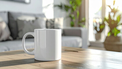 Fototapeta premium a light colored wooden table in a sunlit room serves as the stage for a bright white mug. the mug sits towards the front of the table, its handle prominently displayed
