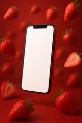 Teléfono móvil con pantalla en blanco flotando entre fresas sobre un fondo rojo. Ideal para proyectos sobre tecnología, alimentación y diseño creativo.