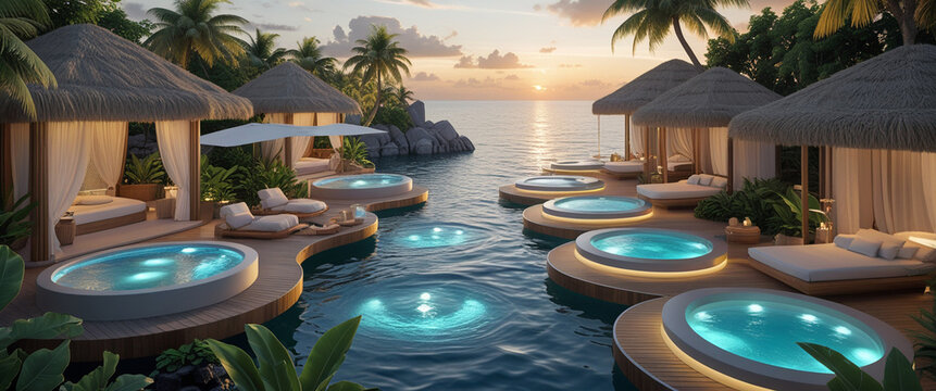 Luxurious tropical spa resort with individual bungalows offering serene relaxation and stunning ocean views at sunset.