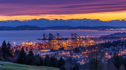 Obraz premium Large container port with cranes moving freight onto international shipping vessels at dusk