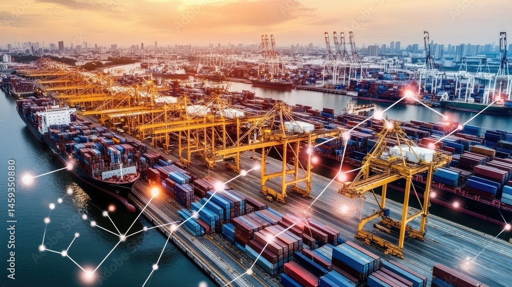 Poster long-exposure shot of container terminal with cranes and moored ships at twilight