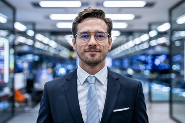 Portrait of a smiling businessman wearing glasses and a suit