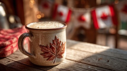 Maple leaf mug with frothy beer on rustic table, celebrating Canada Day with warmth and cheer

