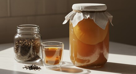 Kombucha Tea Ingredients on White Table