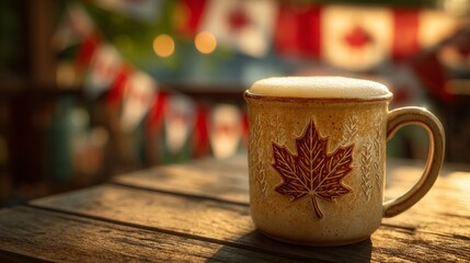 Maple leaf mug with frothy beer on rustic table, celebrating Canada Day with warmth and cheer
