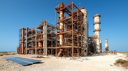 Old-style chemical refinery being converted into green energy park, with scaffolding and new solar panels, wide barren foreground for contrast