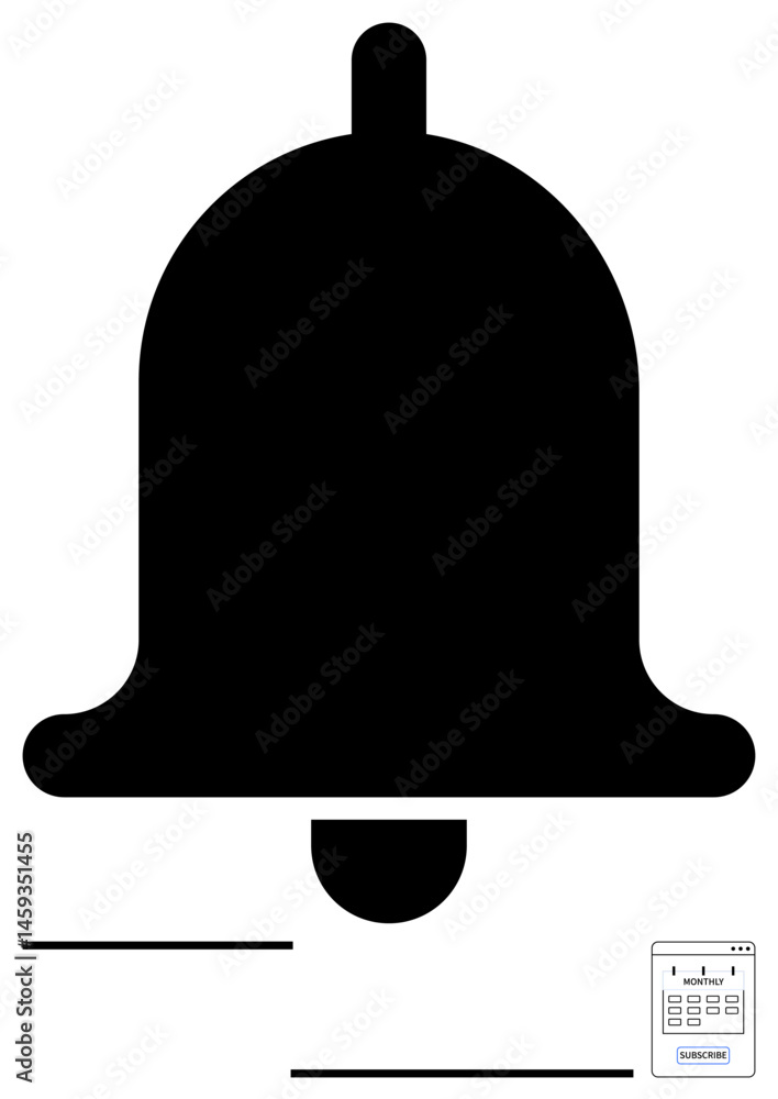 Poster large black bell icon symbolizing alerts or notifications. includes a minimal calendar interface ele
