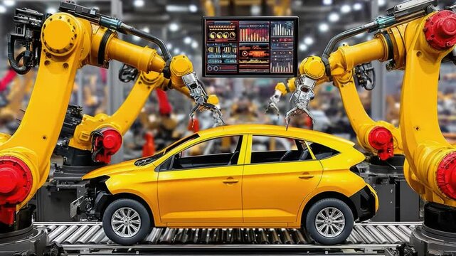 Advanced robotic assembly line in automobile manufacturing showcasing yellow car production process